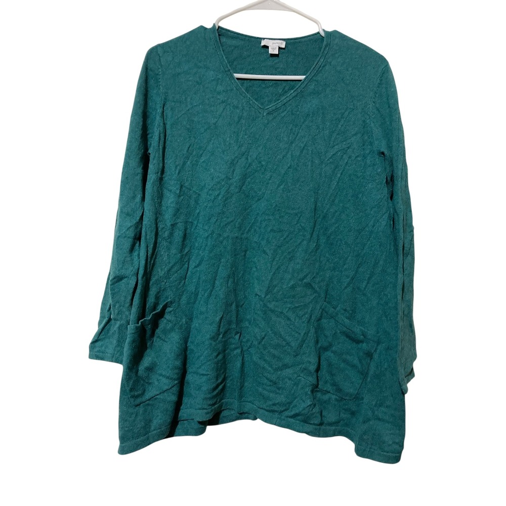 Pure Jill J. Jill Teal Green Cotton Cashmere V-Neck Pocket Tunic Sweater Small